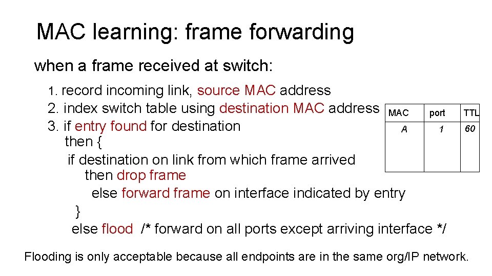 MAC learning: frame forwarding when a frame received at switch: 1. record incoming link,