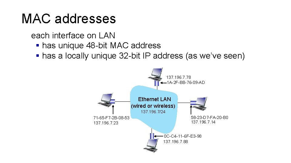 MAC addresses each interface on LAN § has unique 48 -bit MAC address §
