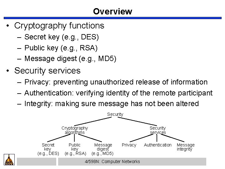 Overview • Cryptography functions – Secret key (e. g. , DES) – Public key