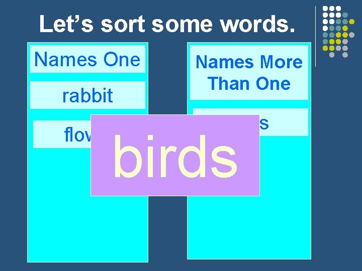 Let’s sort some words. Names One rabbit flower Names More Than One pots birds