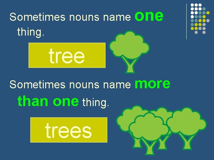 Sometimes nouns name one thing. tree Sometimes nouns name more than one thing. trees