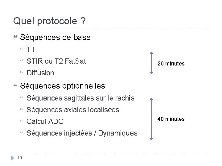 Quel protocole ? Séquences de base T 1 STIR ou T 2 Fat. Sat
