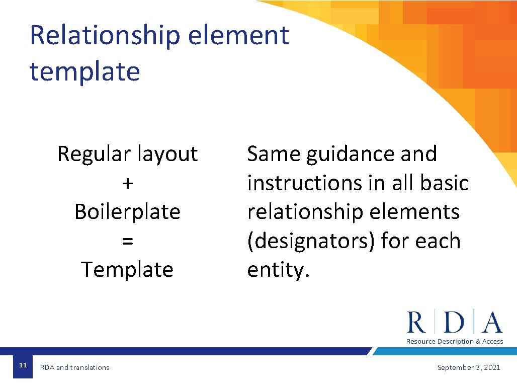 Relationship element template Regular layout + Boilerplate = Template 11 RDA and translations Same