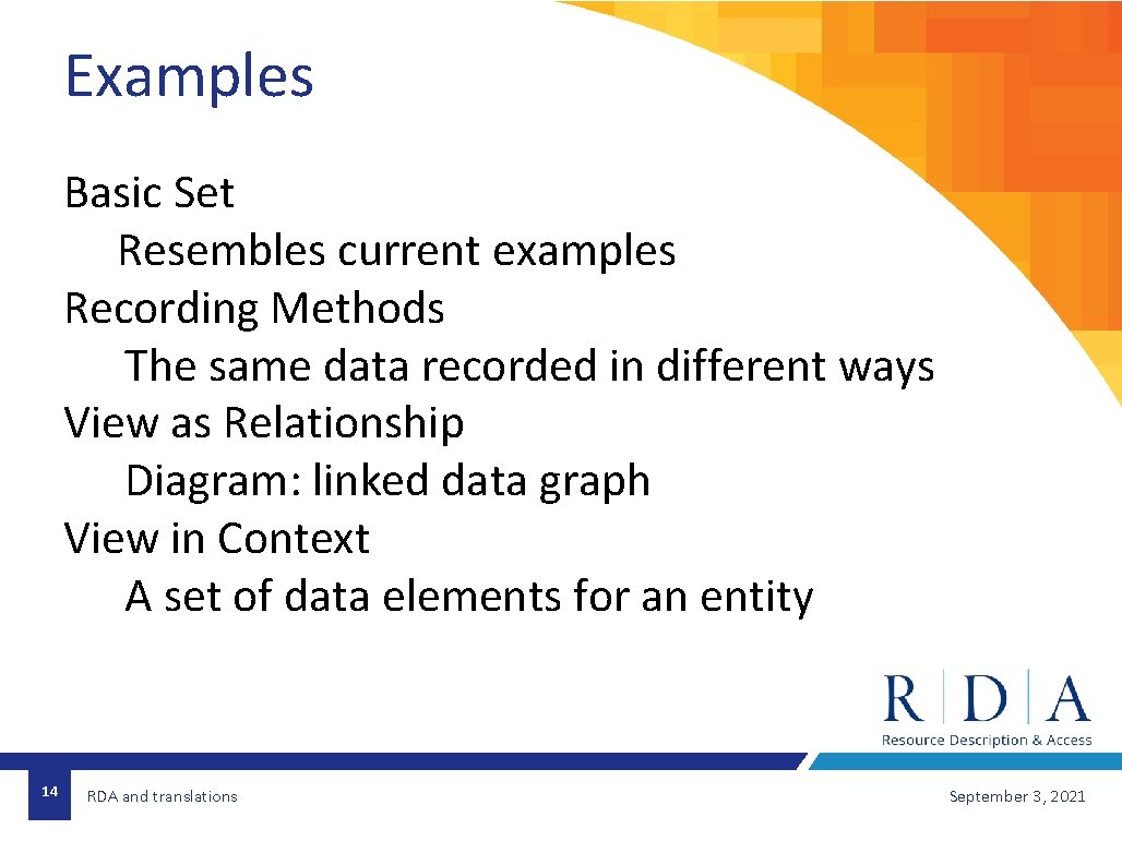 Examples Basic Set Resembles current examples Recording Methods The same data recorded in different