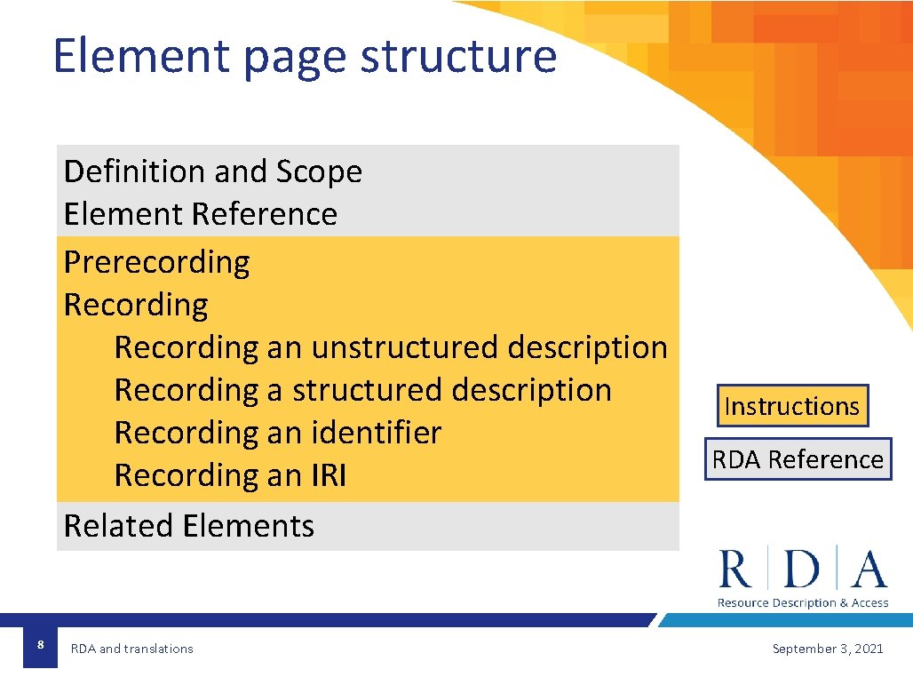 Element page structure Definition and Scope Element Reference Prerecording Recording an unstructured description Recording