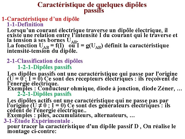 Caractéristique de quelques dipôles passifs 1 -Caractéristique d’un dipôle 1 -1 -Definition Lorsqu’un courant