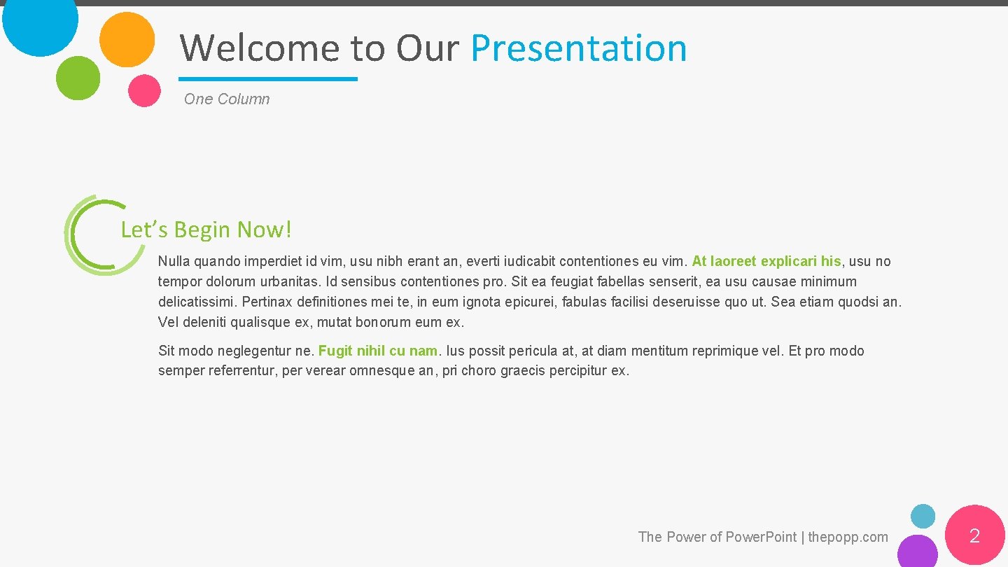 Welcome to Our Presentation One Column Let’s Begin Now! Nulla quando imperdiet id vim,