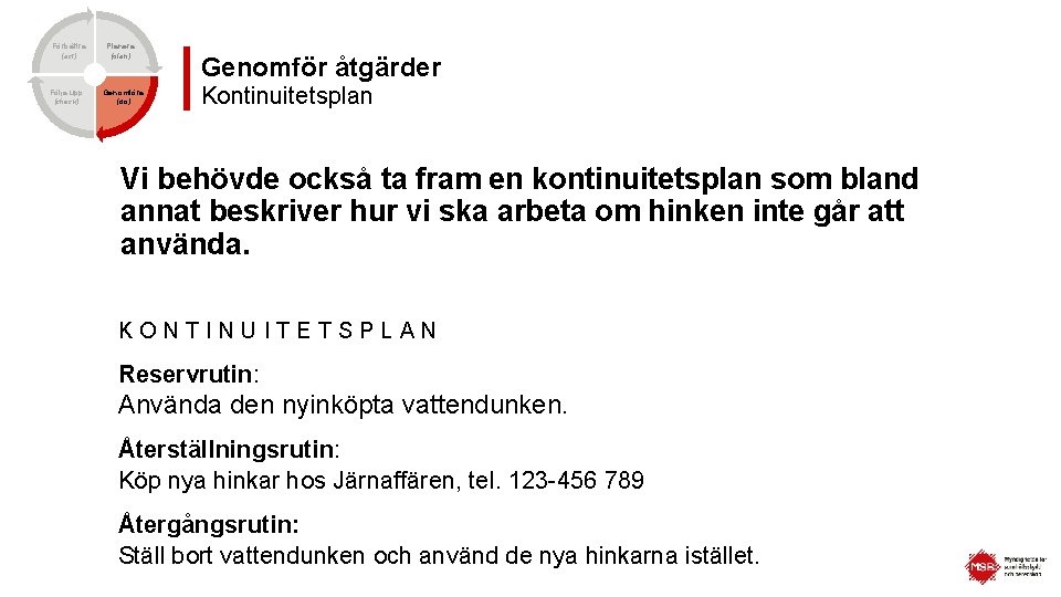 Förbättra (act) Följa upp (check) Planera (plan) Genomföra (do) Genomför åtgärder Kontinuitetsplan Vi behövde