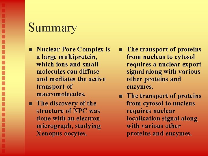 Summary n n Nuclear Pore Complex is a large multiprotein, which ions and small Summary n n Nuclear Pore Complex is a large multiprotein, which ions and small