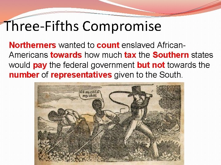 Three-Fifths Compromise Northerners wanted to count enslaved African. Americans towards how much tax the