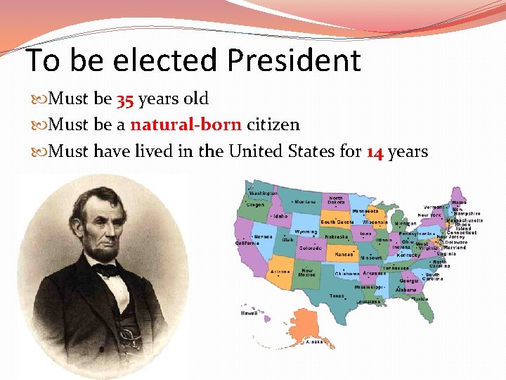 To be elected President Must be 35 years old Must be a natural-born citizen