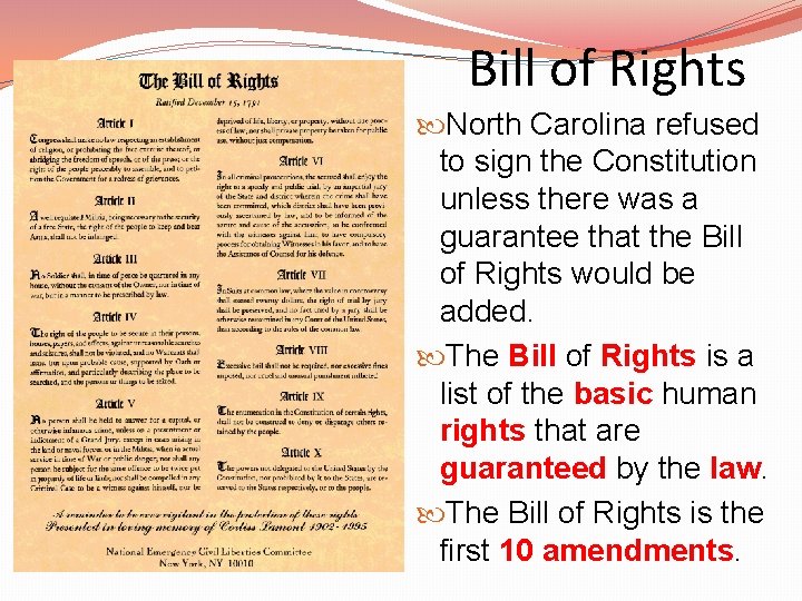 Bill of Rights North Carolina refused to sign the Constitution unless there was a