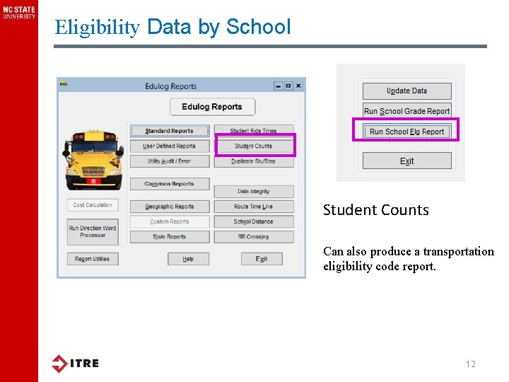 Eligibility Data by School Student Counts Can also produce a transportation eligibility code report.