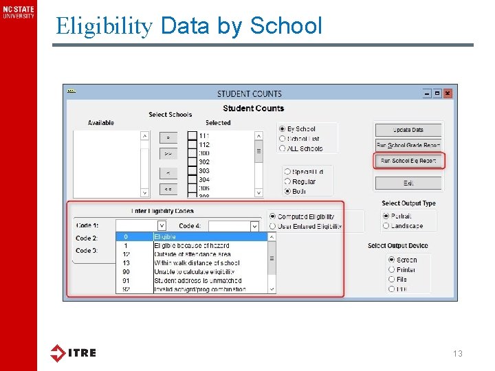 Eligibility Data by School 13 