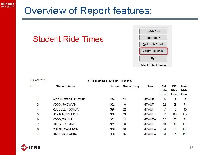 Overview of Report features: Student Ride Times 17 