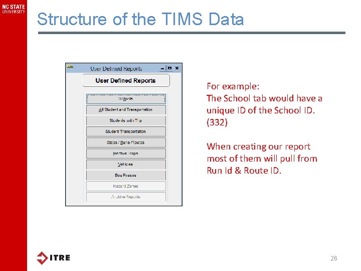Structure of the TIMS Data For example: The School tab would have a unique