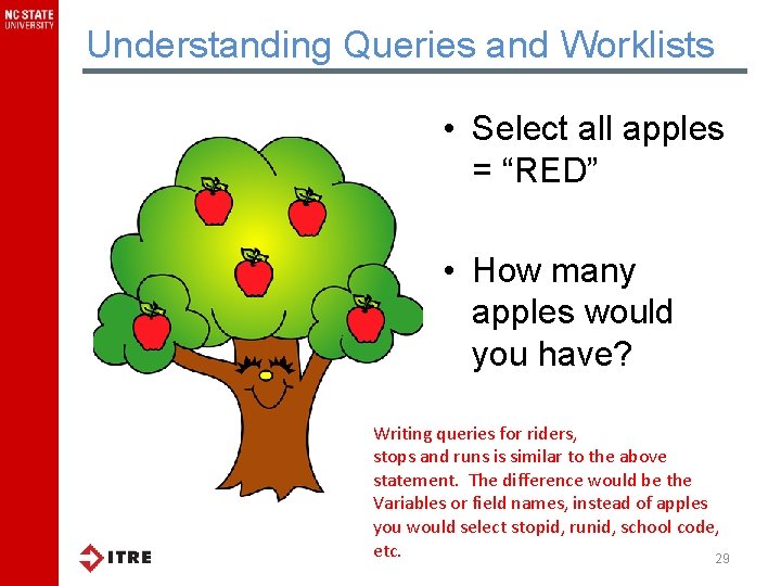 Understanding Queries and Worklists • Select all apples = “RED” • How many apples