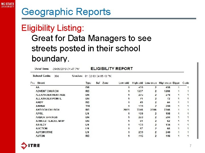 Geographic Reports Eligibility Listing: Great for Data Managers to see streets posted in their