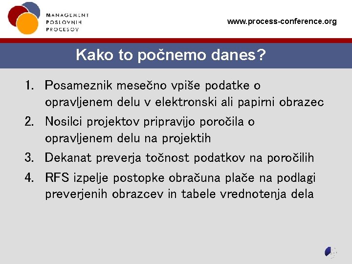 www. process-conference. org Kako to počnemo danes? 1. Posameznik mesečno vpiše podatke o opravljenem