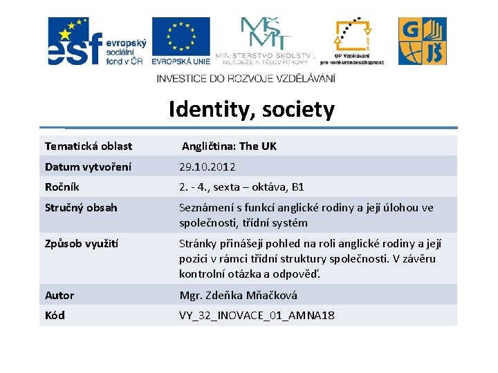 Identity, society Tematická oblast Angličtina: The UK Datum vytvoření 29. 10. 2012 Ročník 2.