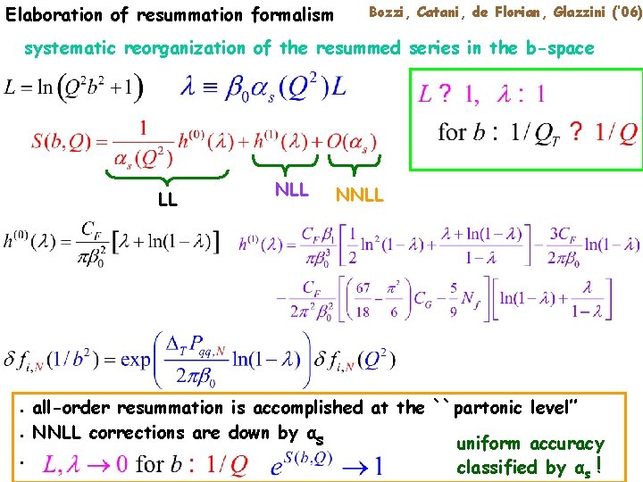 Elaboration of resummation formalism Bozzi, Catani, de Florian, Glazzini (’ 06) systematic reorganization of