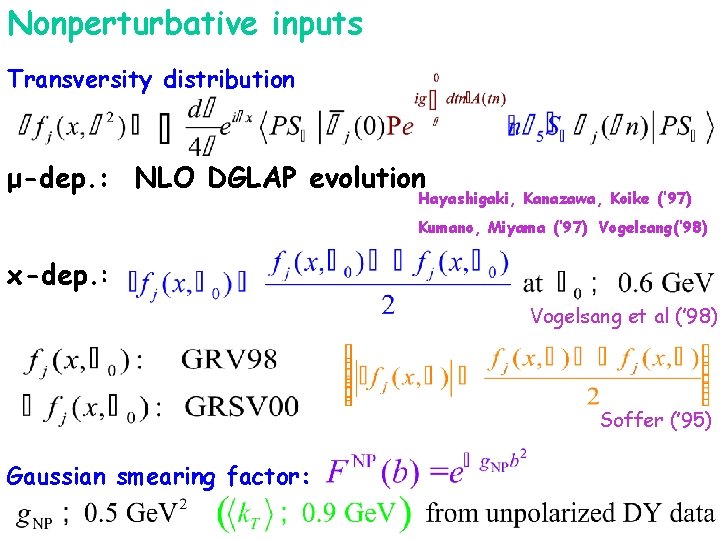 Nonperturbative inputs Transversity distribution μ-dep. : NLO DGLAP evolution Hayashigaki, Kanazawa, Koike (’ 97)