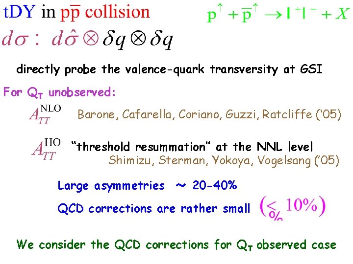 directly probe the valence-quark transversity at GSI For QT unobserved: Barone, Cafarella, Coriano, Guzzi,