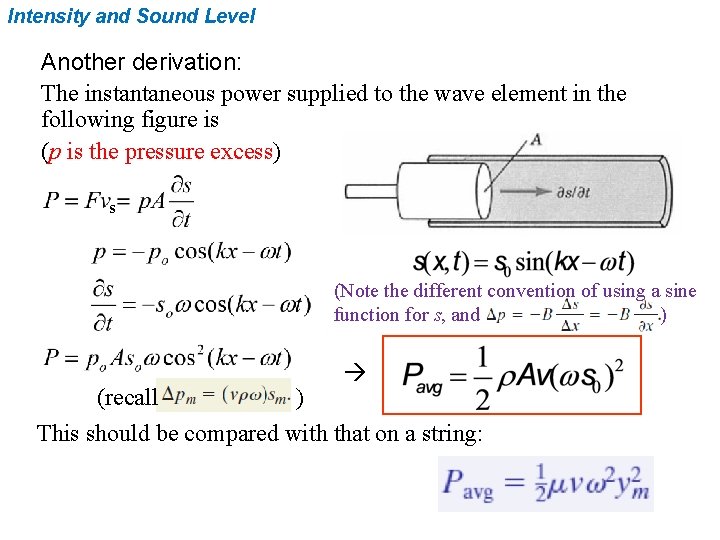Intensity and Sound Level Another derivation: The instantaneous power supplied to the wave element