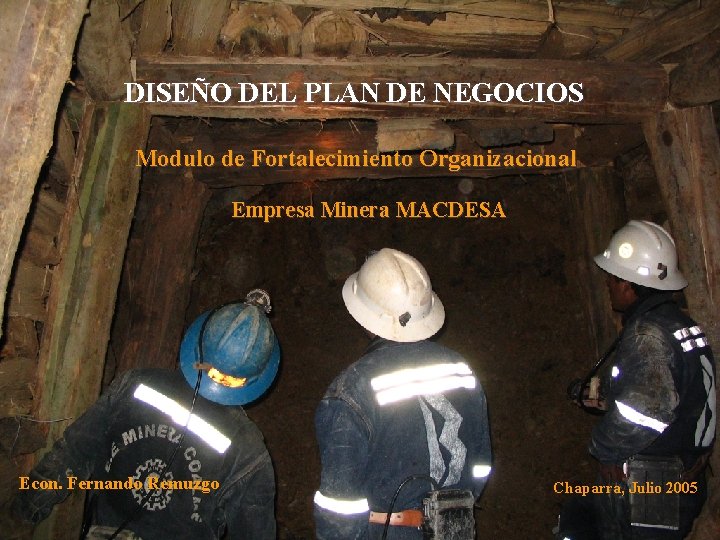 DISEÑO DEL PLAN DE NEGOCIOS Modulo de Fortalecimiento Organizacional Empresa Minera MACDESA Econ. Fernando