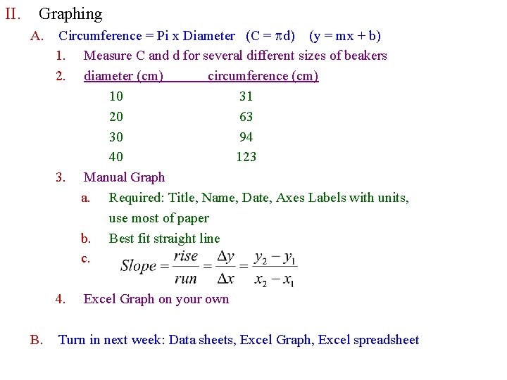 II. Graphing A. Circumference = Pi x Diameter (C = pd) (y = mx
