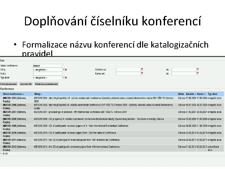 Doplňování číselníku konferencí • Formalizace názvu konferencí dle katalogizačních pravidel • Název konference (pořadí