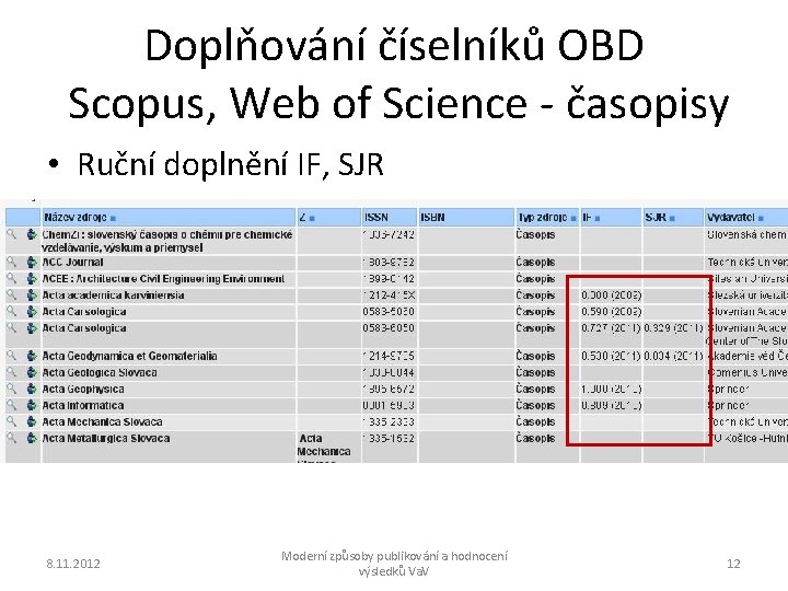 Doplňování číselníků OBD Scopus, Web of Science - časopisy • Ruční doplnění IF, SJR