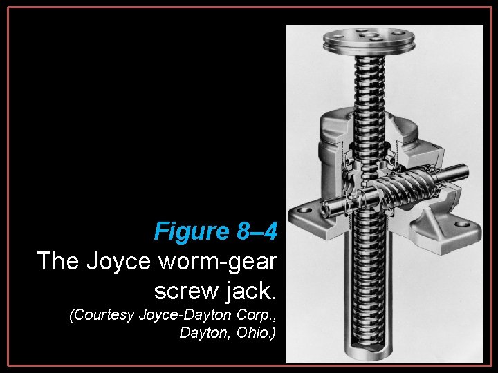 Figure 8– 4 The Joyce worm-gear screw jack. (Courtesy Joyce-Dayton Corp. , Dayton, Ohio. Figure 8– 4 The Joyce worm-gear screw jack. (Courtesy Joyce-Dayton Corp. , Dayton, Ohio.