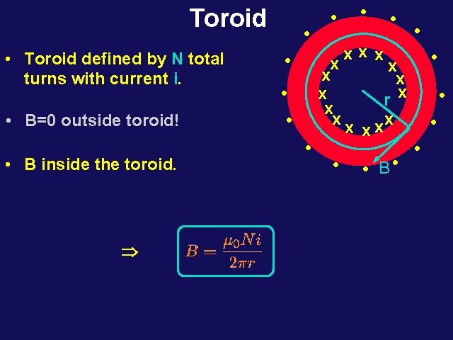 Toroid • Toroid defined by N total turns with current i. • B=0 outside