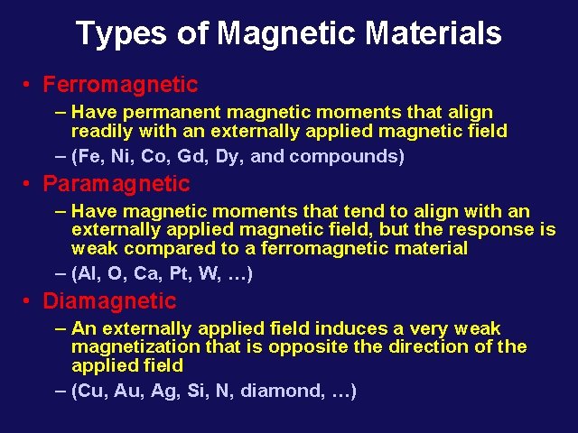 Types of Magnetic Materials • Ferromagnetic – Have permanent magnetic moments that align readily