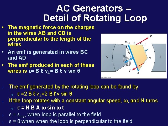 AC Generators – Detail of Rotating Loop • The magnetic force on the charges