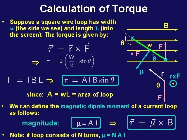 Calculation of Torque • Suppose a square wire loop has width w (the side