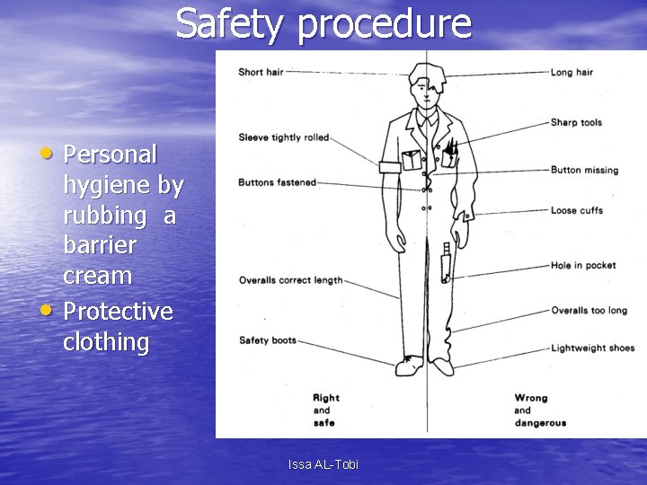 Safety procedure • Personal • hygiene by rubbing a barrier cream Protective clothing Issa