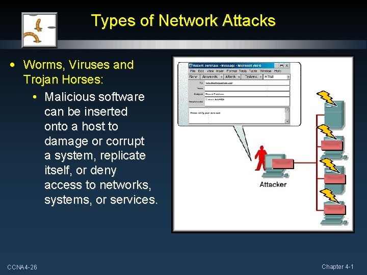 Types of Network Attacks • Worms, Viruses and Trojan Horses: • Malicious software can