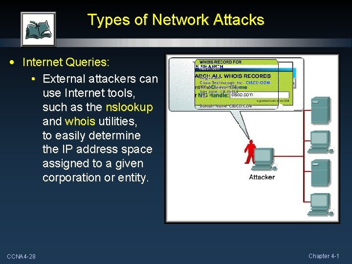 Types of Network Attacks • Internet Queries: • External attackers can use Internet tools,