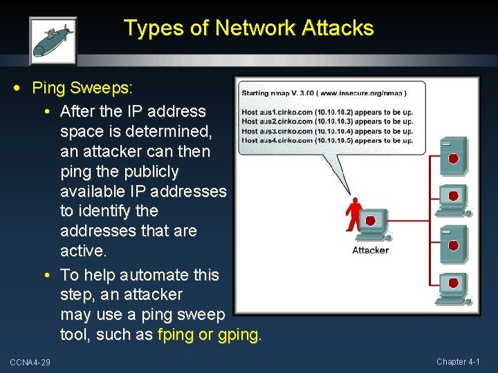 Types of Network Attacks • Ping Sweeps: • After the IP address space is