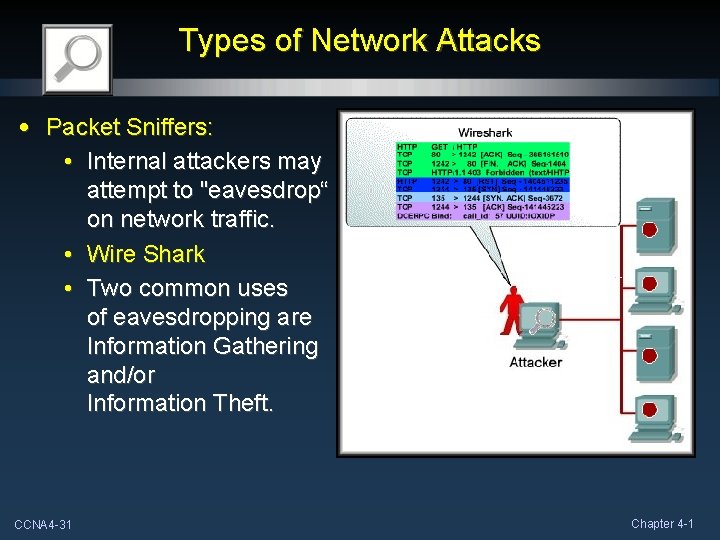 Types of Network Attacks • Packet Sniffers: • Internal attackers may attempt to "eavesdrop“