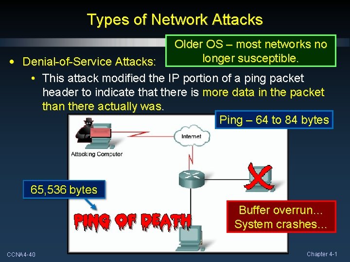 Types of Network Attacks Older OS – most networks no longer susceptible. • Denial-of-Service