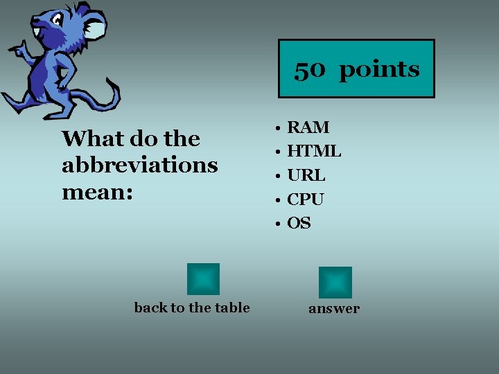 50 points What do the abbreviations mean: back to the table • • •