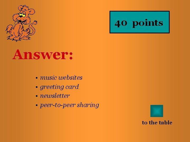 40 points Answer: • • music websites greeting card newsletter peer-to-peer sharing to the