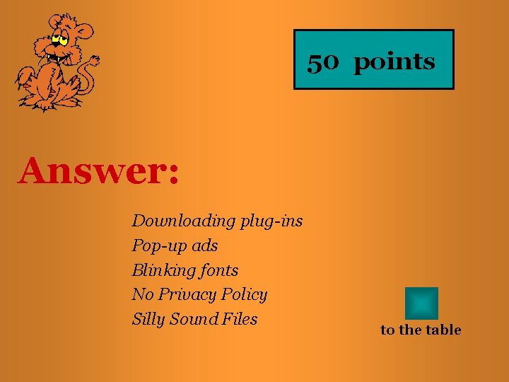 50 points Answer: Downloading plug-ins Pop-up ads Blinking fonts No Privacy Policy Silly Sound