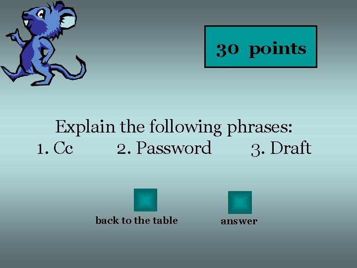 30 points Explain the following phrases: 1. Cc 2. Password 3. Draft back to