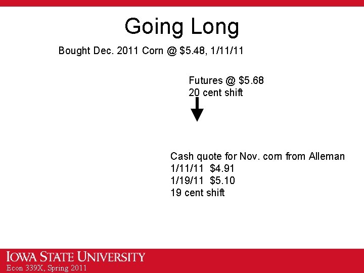 Going Long Bought Dec. 2011 Corn @ $5. 48, 1/11/11 Futures @ $5. 68