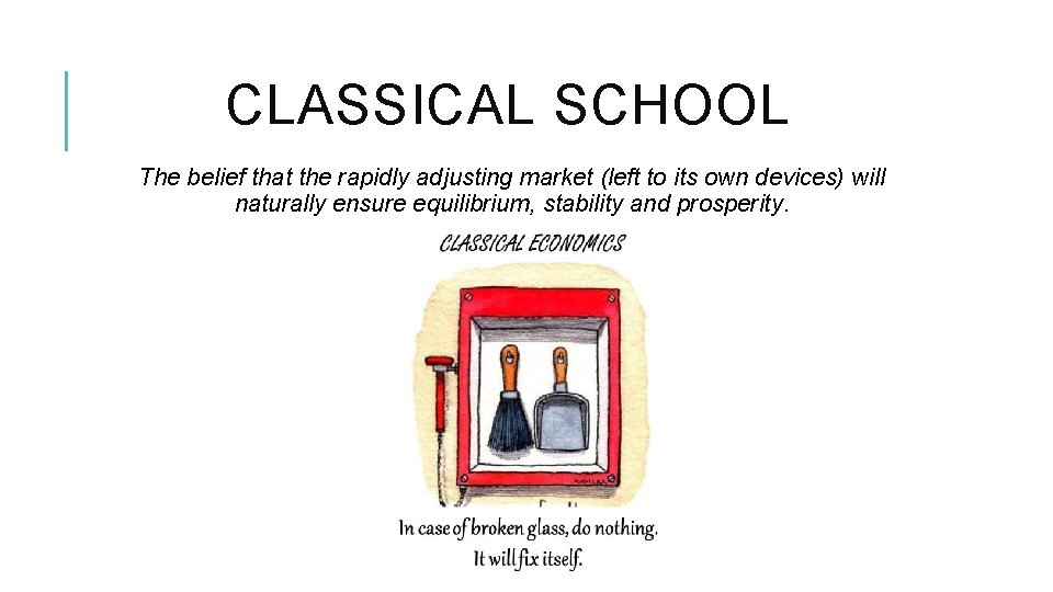 CLASSICAL SCHOOL The belief that the rapidly adjusting market (left to its own devices)