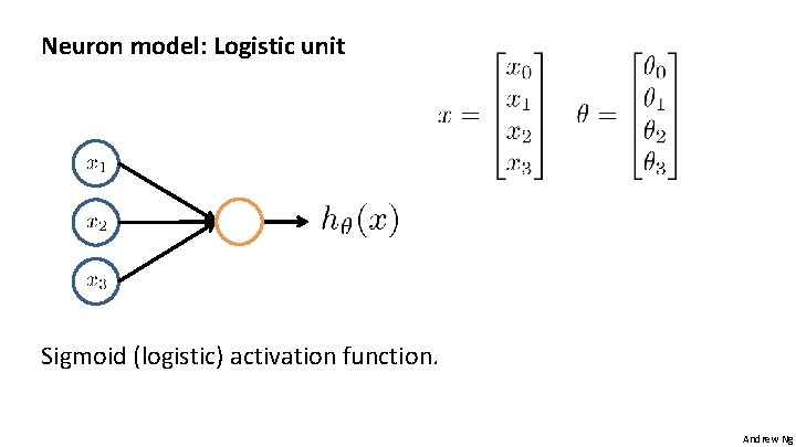 Neuron model: Logistic unit Sigmoid (logistic) activation function. Andrew Ng 